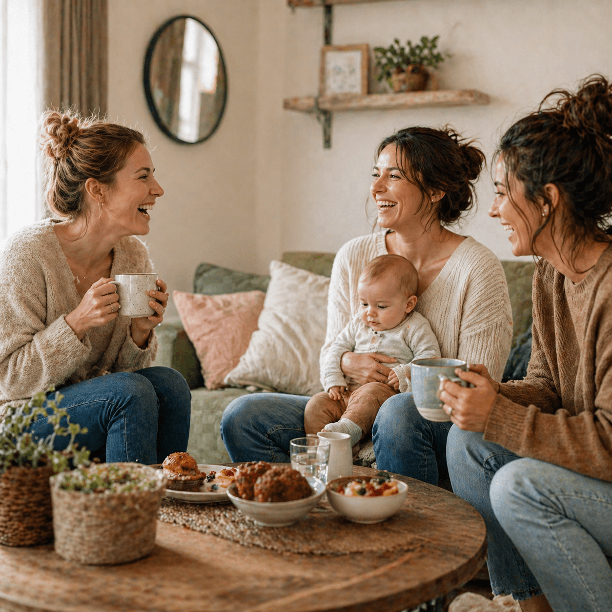 Maman et b&eacute;b&eacute; partagent un moment avec des amis