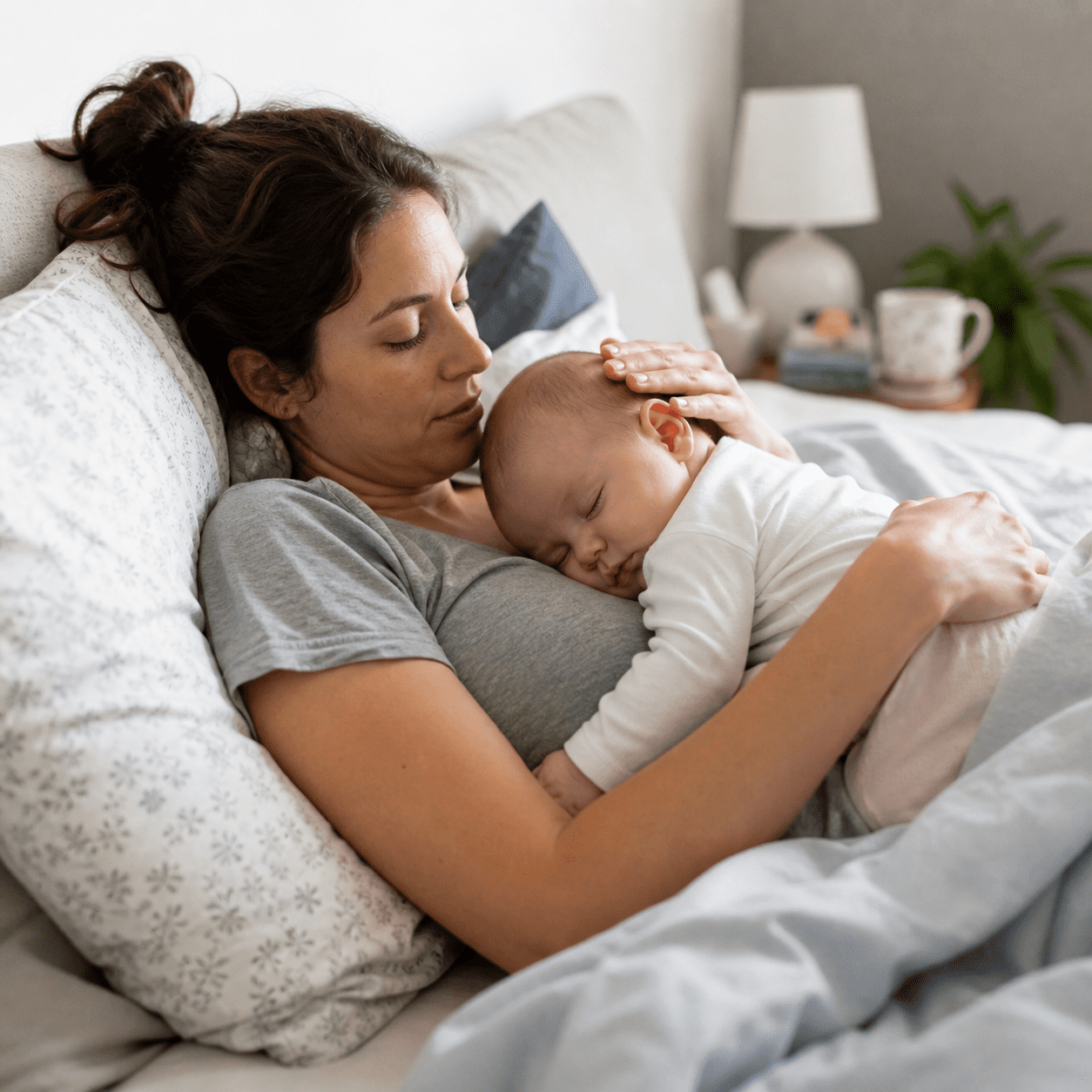 Maman épuisée en mode survie avec bébé qui rit dans sa chaise haute