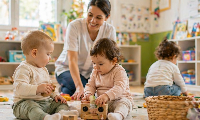 Pro de la petite enfance avec deux bebes en creche