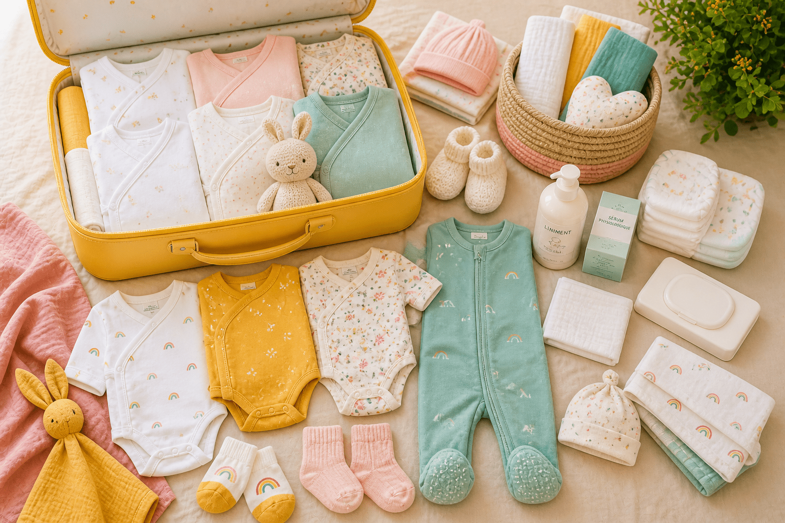 Trousseau bébé naissance : bodies croisés, pyjamas en coton bio, couverture
