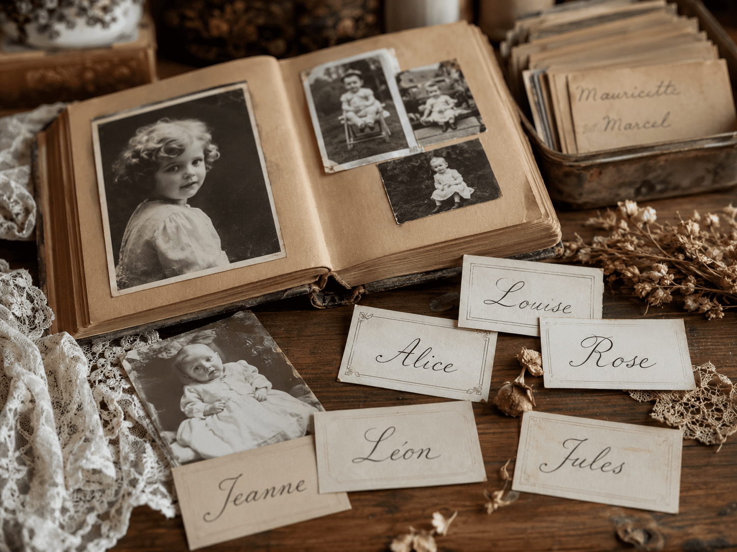 Album photo ancien posé sur une table en bois